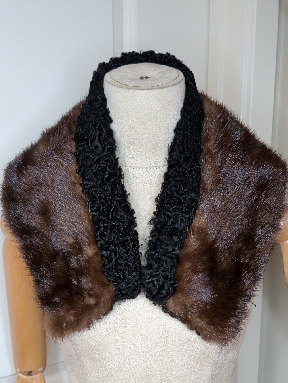 Vintage 60s Persian Lamb & Mink Collar Black Brown Reversible Elegant MCM